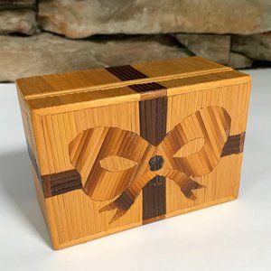 Bamboo Jewelry Box Trinket Bow Ribbon Inlaid Marquetry Red Felt Hinged Bohemian